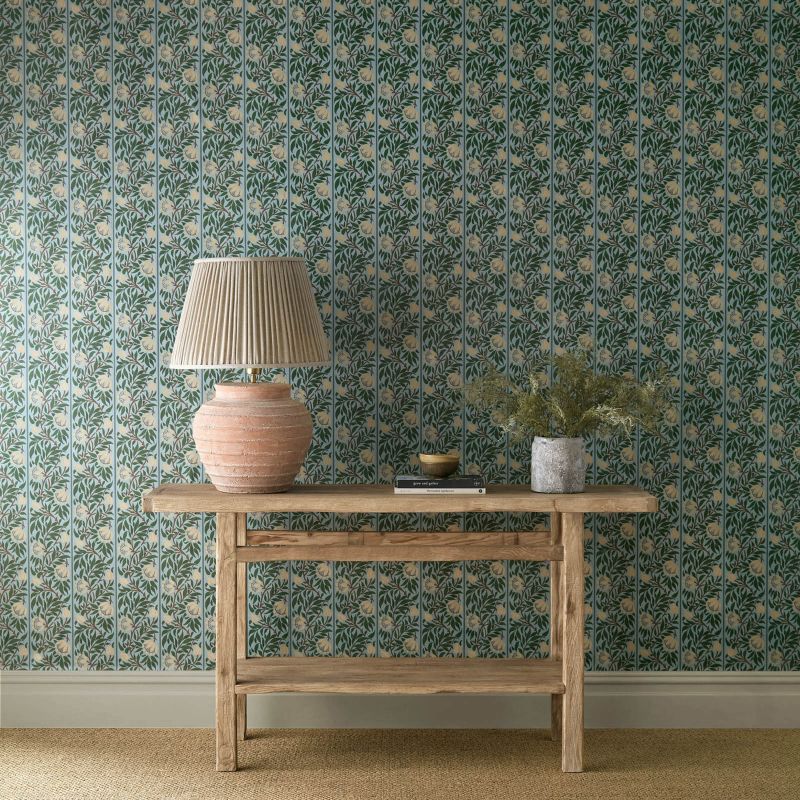 Peony Trellis Wallpaper - Soft Blue/Nettle - Morris & Co - 217569