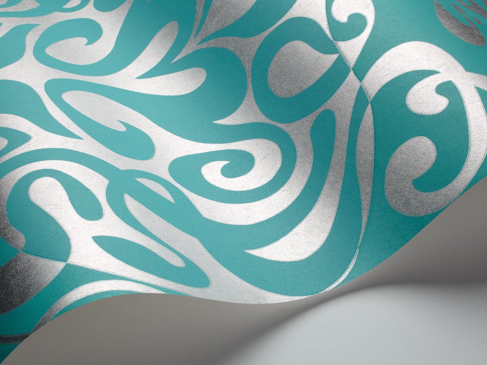 Woodstock Wallpaper - Metallic Silver on Teal - 69/7128 - Cole & Son - Premier Wallcovering