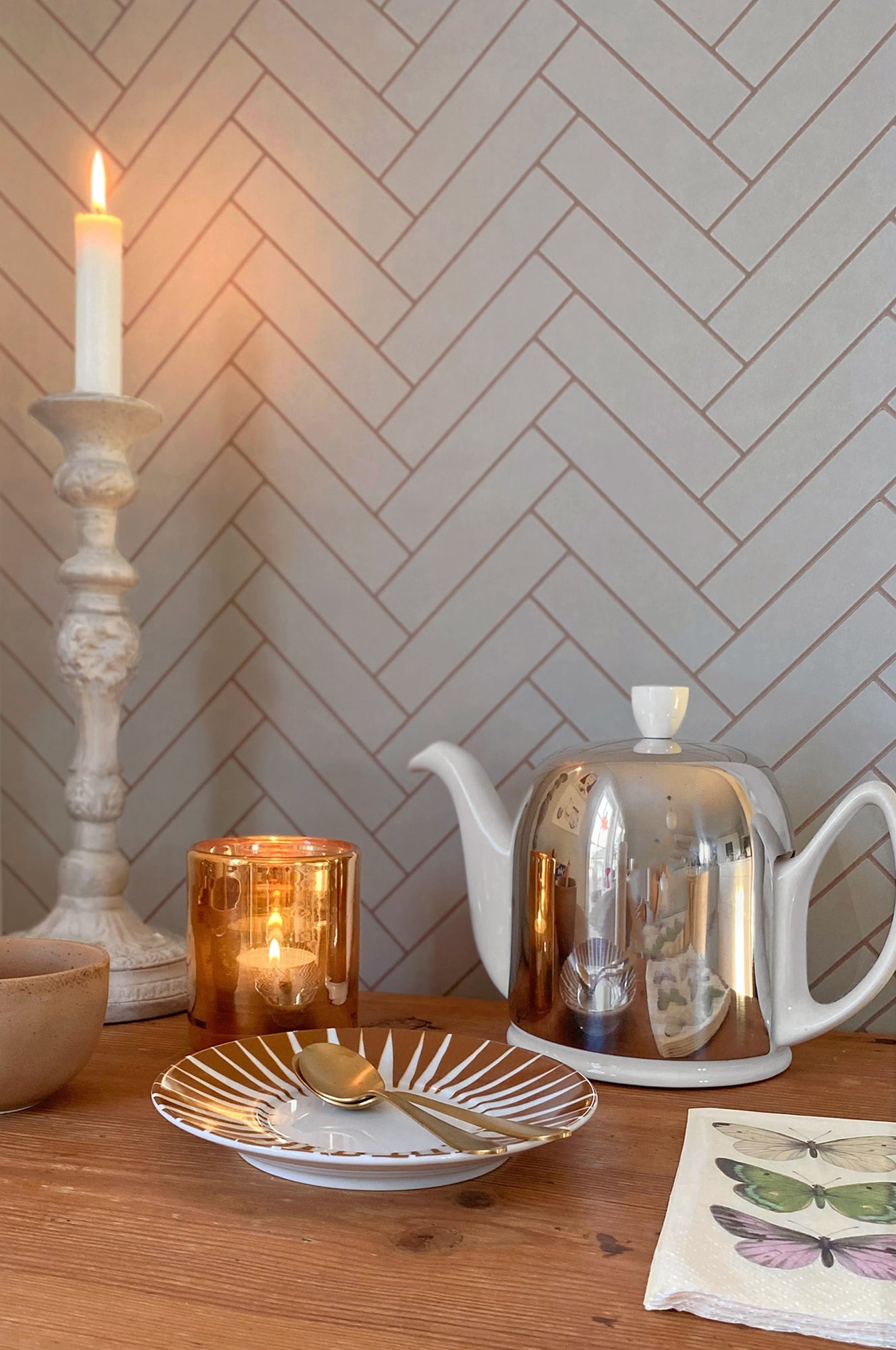 Herringbone Greige Blue Wallpaper - Majvillan