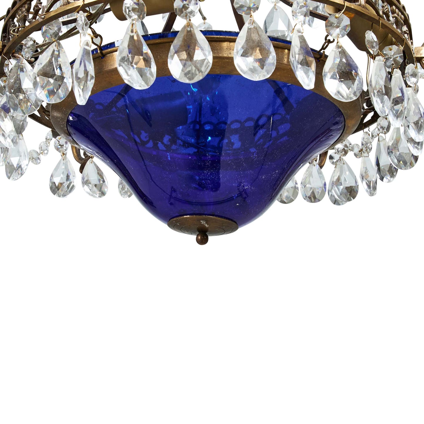 Antique 4 Arm Crystal Empire Chandelier with Blue glass bowl 1900's