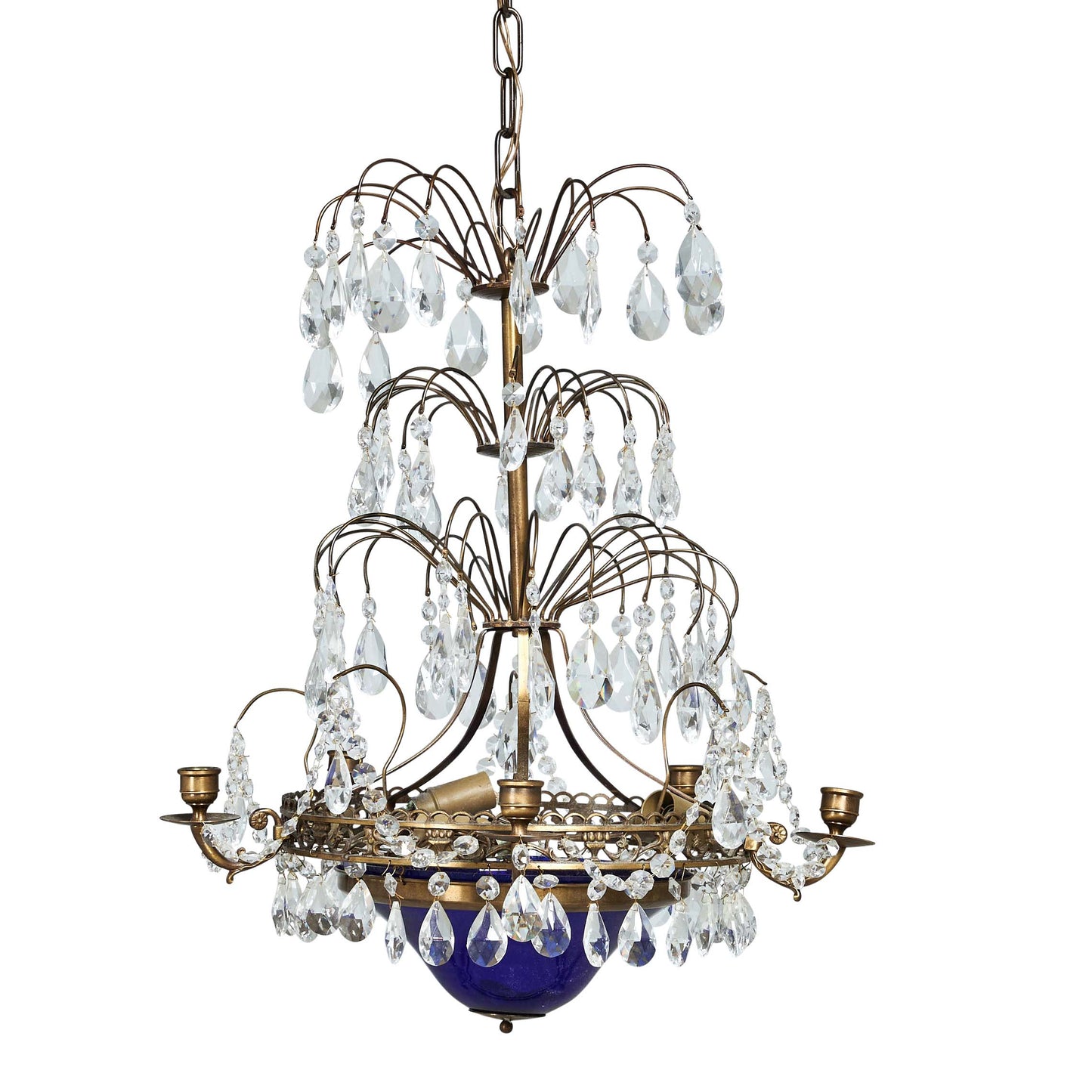 Старинная хрустальная люстра в стиле ампир с четырьмя рожками и синим стеклянным плафоном, 1900-е годы