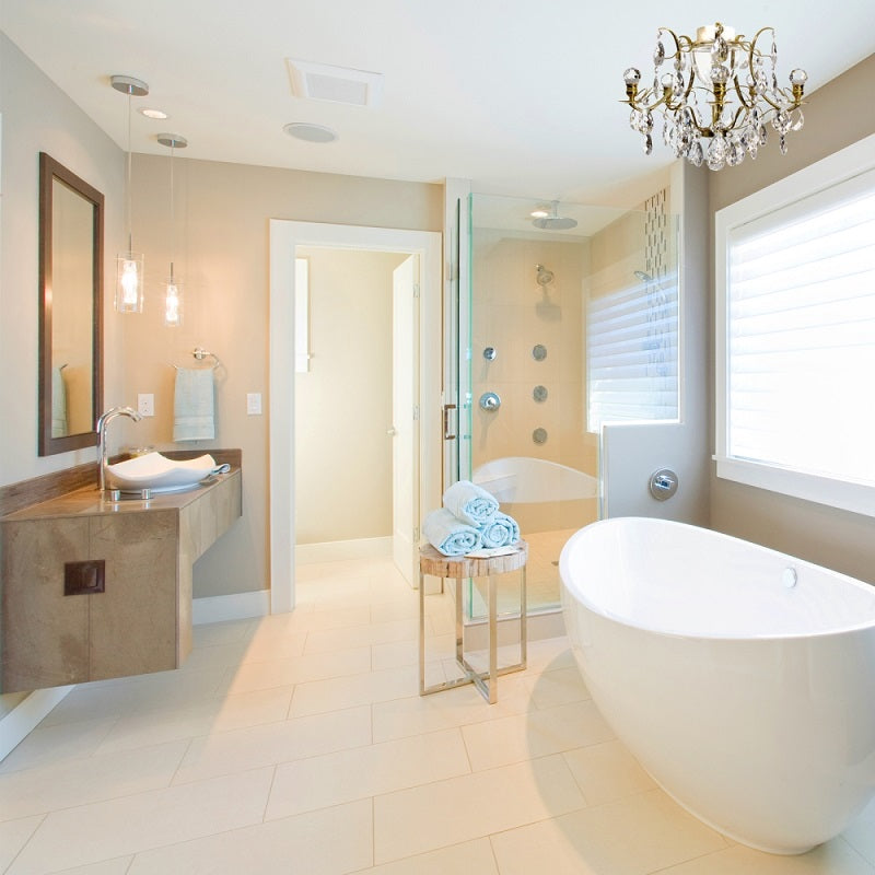 03 Brass Bathroom Chandelier with Almond Crystals and Orbs