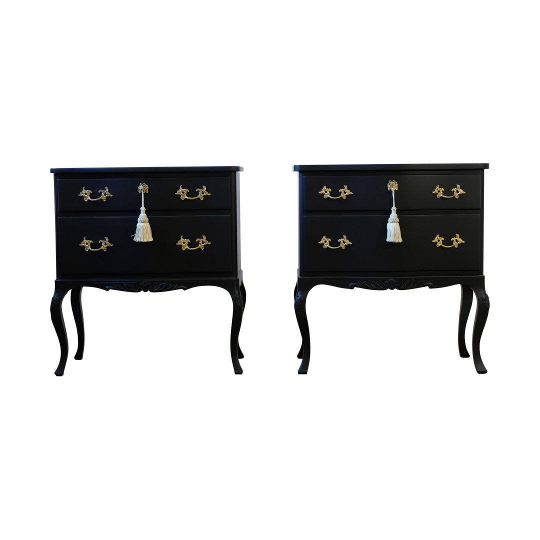 Rococo Style Chest with 2 Drawers and Modern Flat Black Finish - Pair