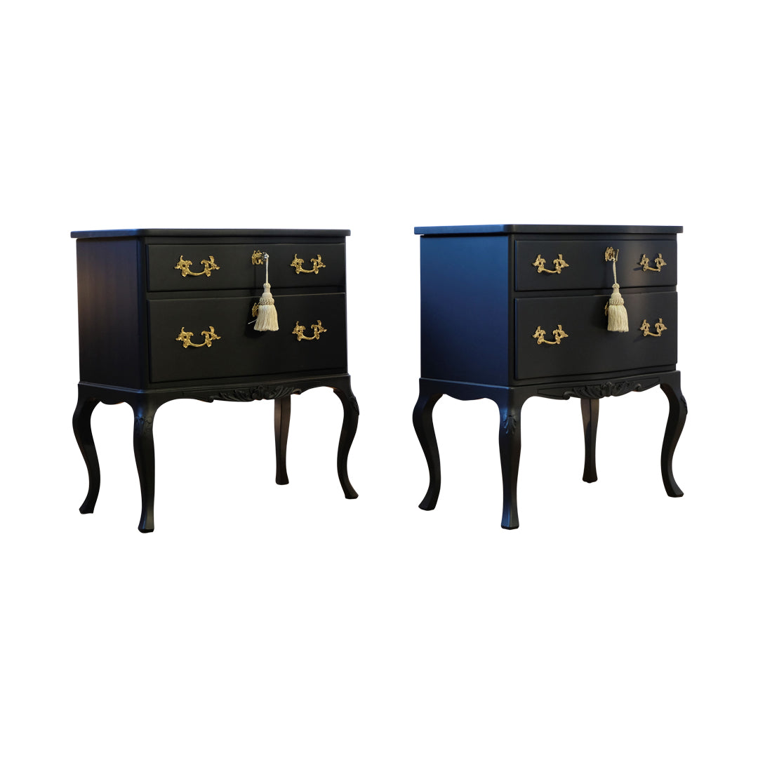 Rococo Style Chest with 2 Drawers and Modern Flat Black Finish - Pair