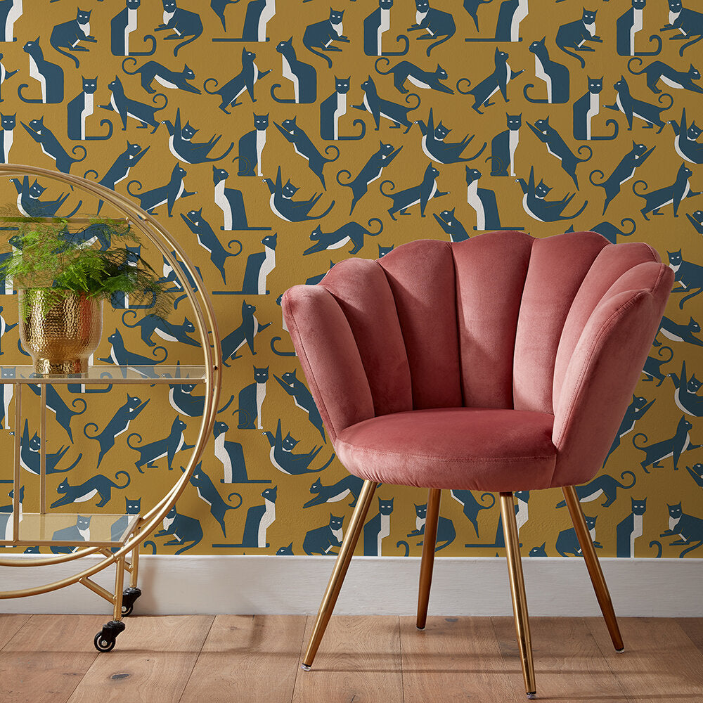 Geo Cat Room Wallpaper - Gold