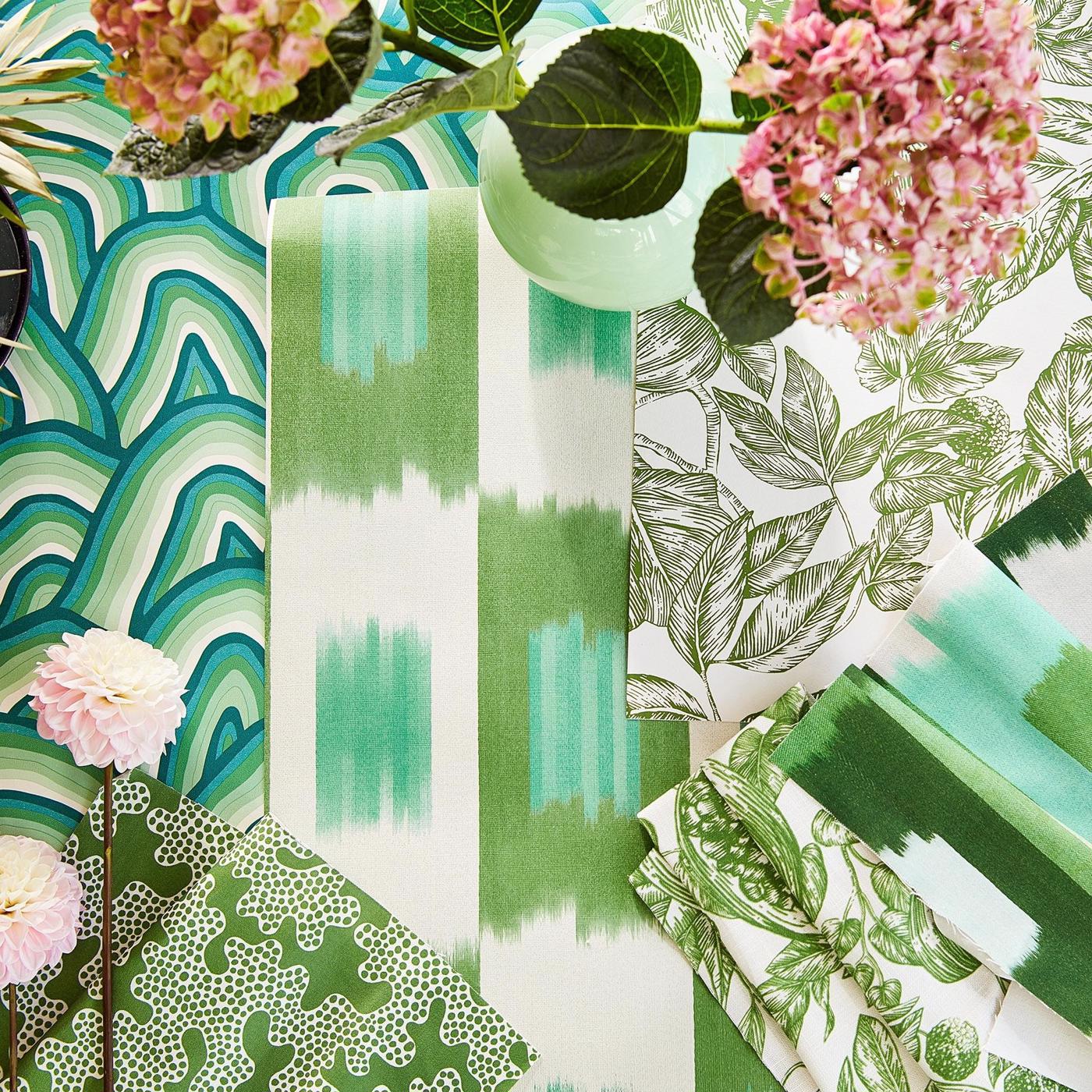 Shiruku Room Fabric - Emerald/Forest/Silver Willow
