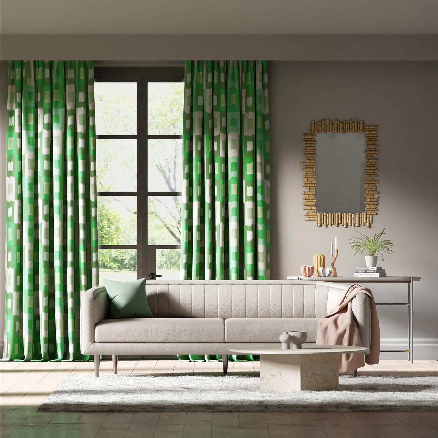 Shiruku Room Fabric - Emerald/Forest/Silver Willow