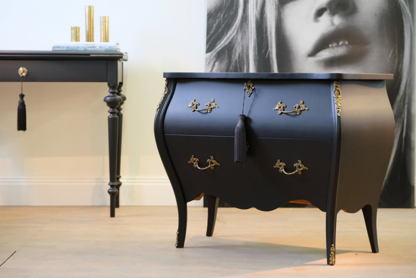 Rococo Two Drawer Chest In Classic Black With Marble Top