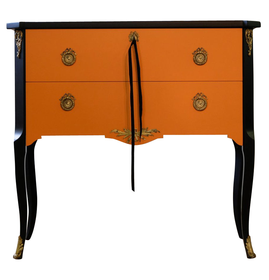 Gustavian Style Commode in Orange & Black with Brass Details (Single)