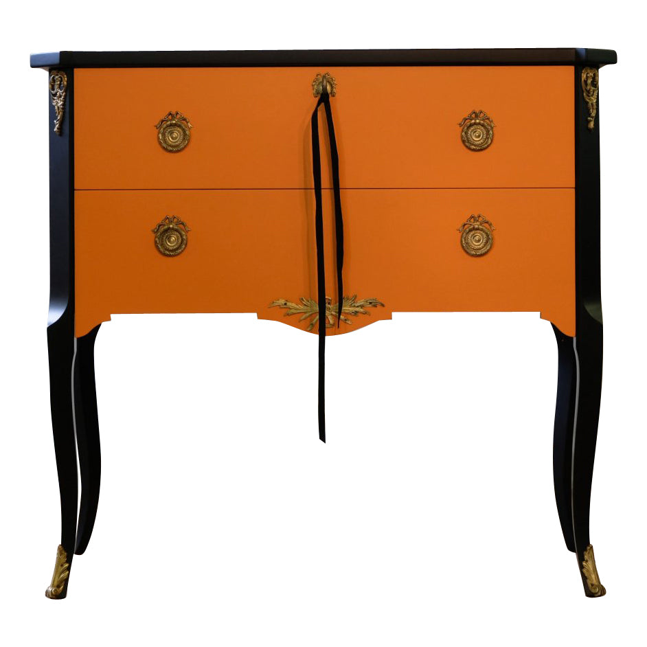 Gustavian Style Commode in Orange & Black with Brass Details (Single)