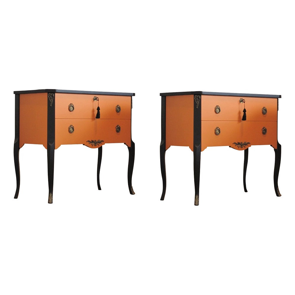 Gustavian Style Commode in Orange & Black with Brass Details (Pair)