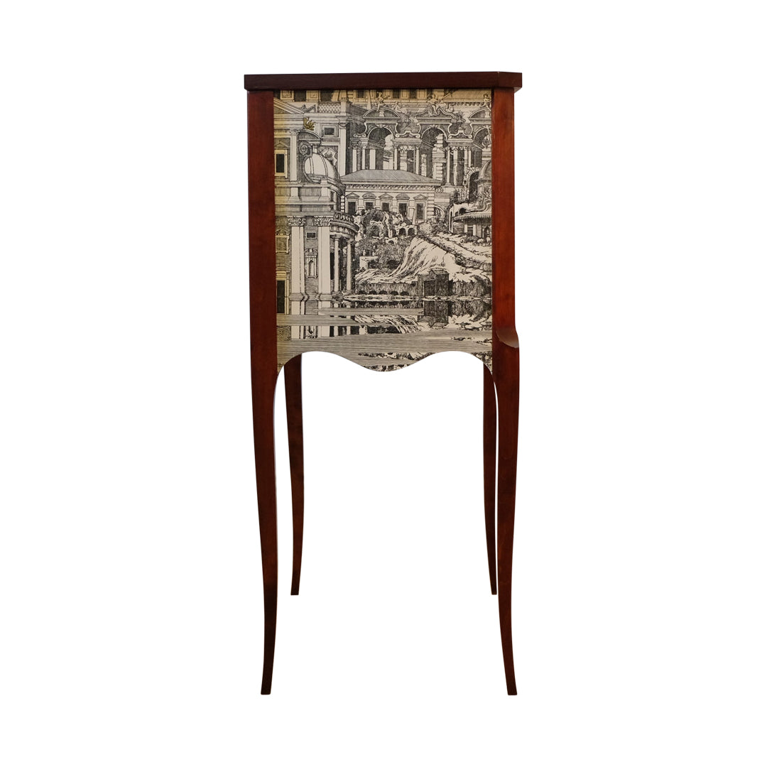 Louis XV Style Chest with Fornasetti Pattern of Ancient Rome and Wooden Top