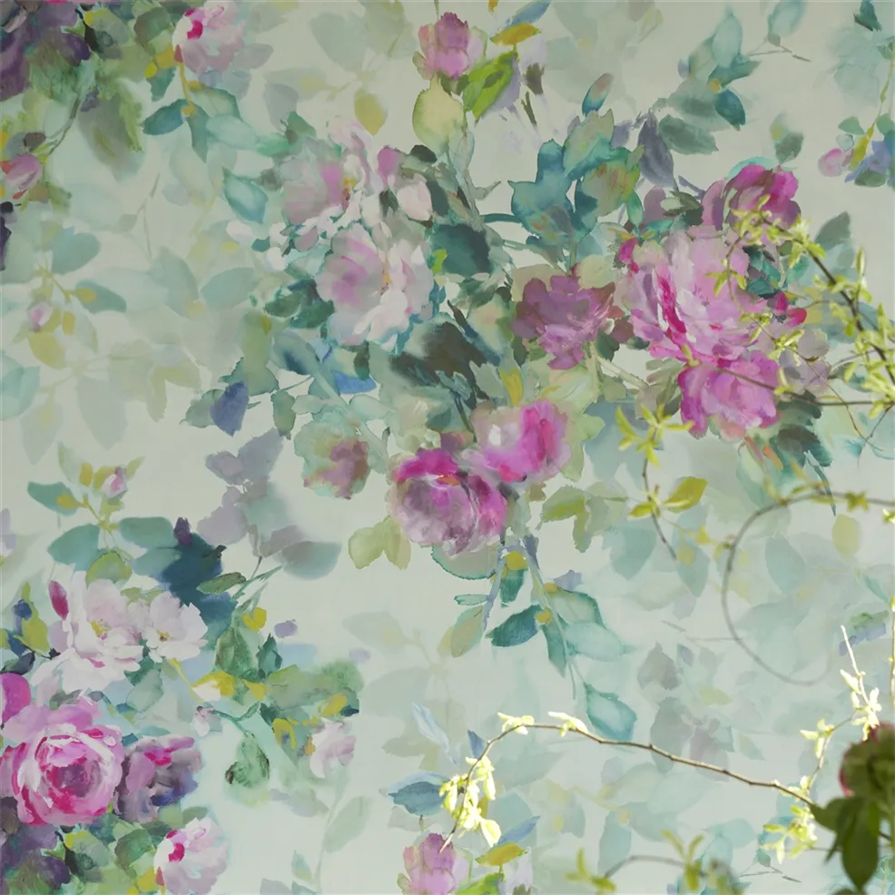 Bouquet De Roses Celadon Room Wallpaper