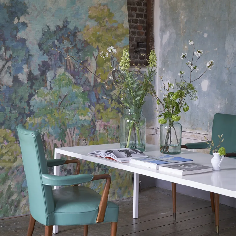 Foret Impressionniste Grasscloth Celadon Room Wallpaper