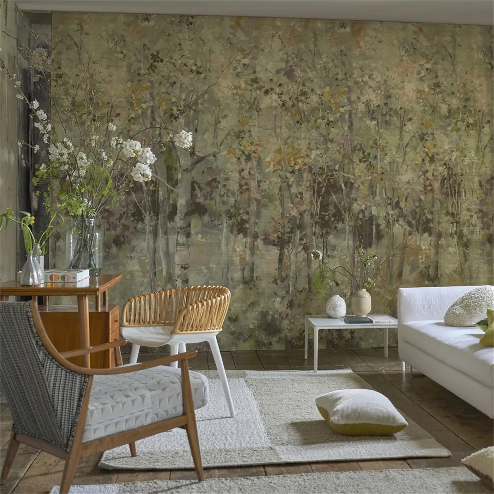Bois De Bouleau Grasscloth Scene 2 Sepia Room Wallpaper