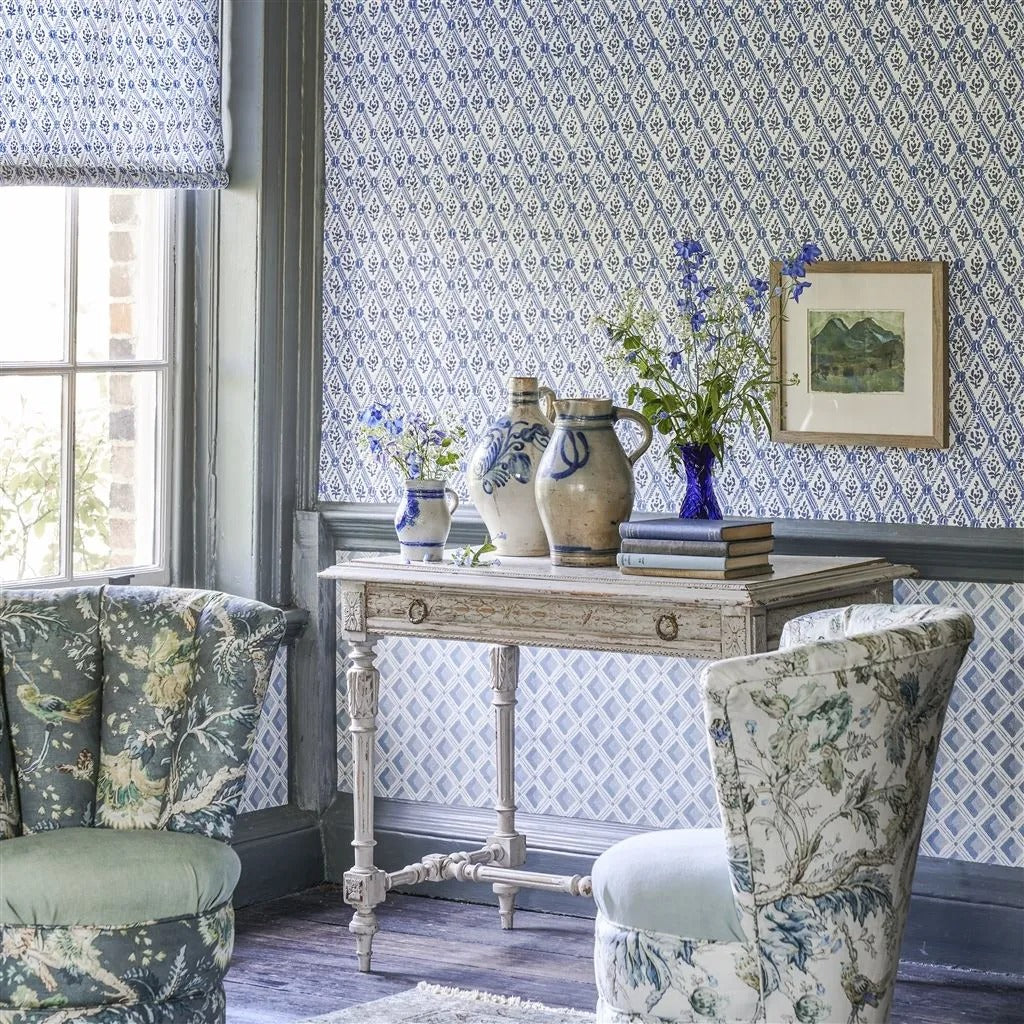 St John Street Trellis Woad Room Wallpaper - Blue