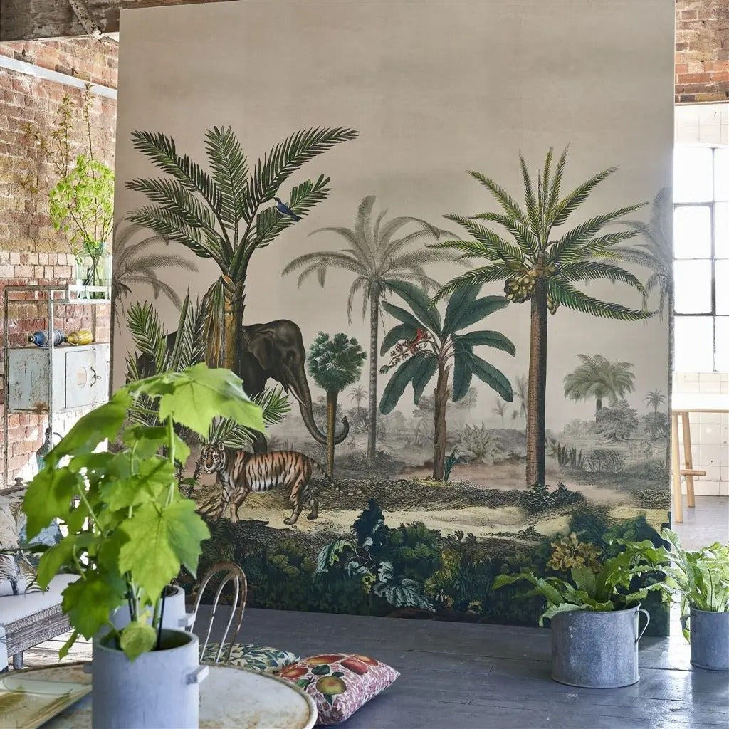 Palm Trail Scene 1 Sepia Room Wallpaper - Green