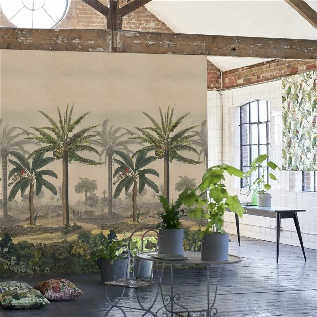 Palm Trail Scene 2 Sepia Room Wallpaper - Green