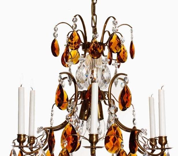 Baroque Chandelier - Light Brass 6 Arm Baroque Style Chandelier With Coloured Crystals