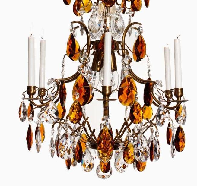 Baroque Chandelier - Light Brass 6 Arm Baroque Style Chandelier With Coloured Crystals