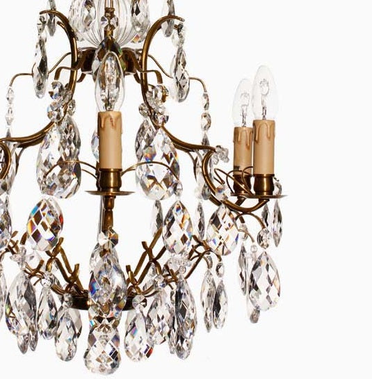 Baroque Chandelier - 6 Arms - Drop Crystals - Electric Candles - Brass - electric candle detail