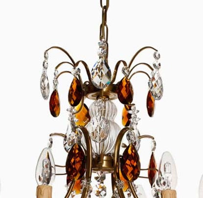 22 Baroque Chandelier - 6 Arms - Drop Crystals - Amber Coloured Crystals - Electric Candles - Brass