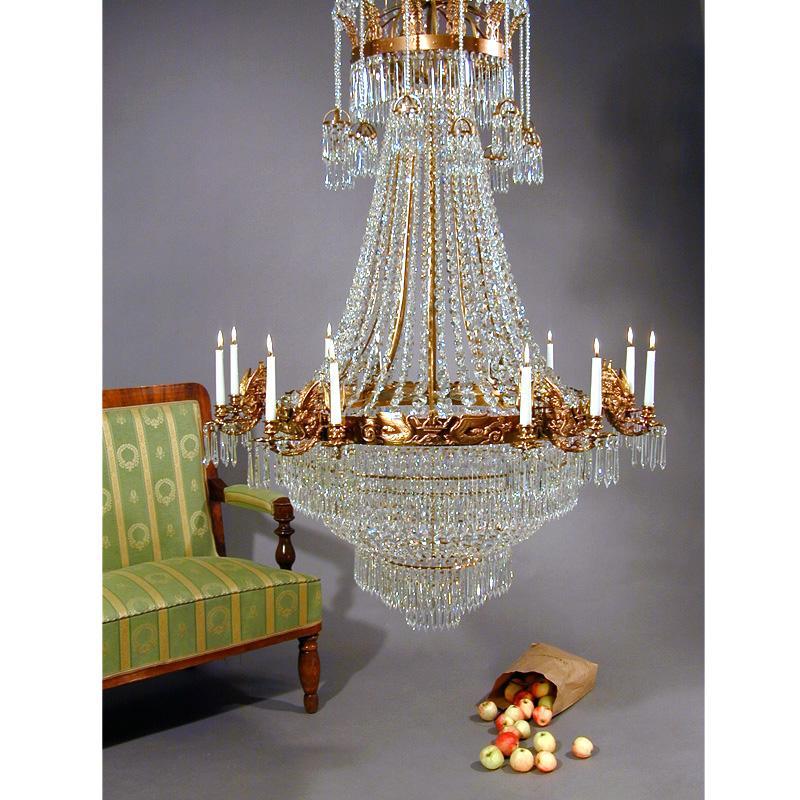 Empire Chandelier - Large Light Brass Colour Empire Style Chandelier With Crystal Octagons brass and crystal detail