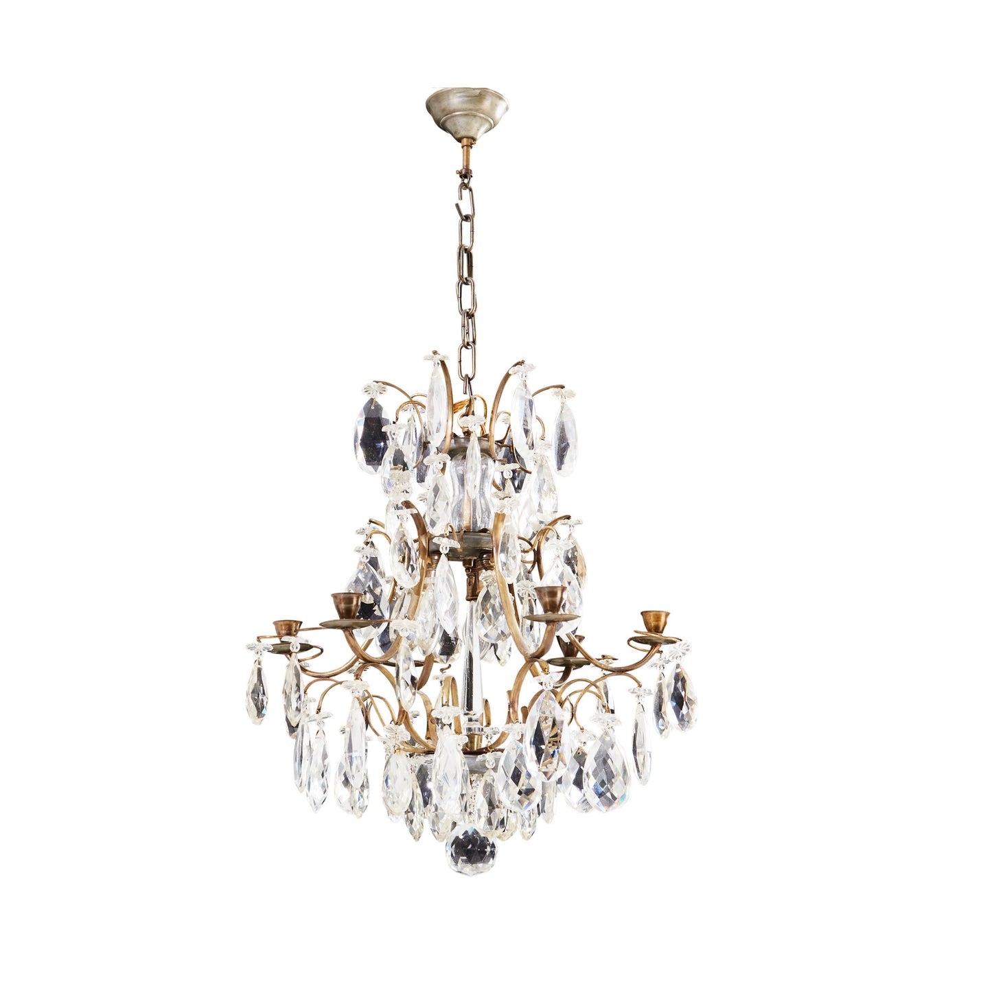 Старинная хрустальная люстра в стиле рококо на 6 рожков с различными ограненными кристаллами, 1900-е годы