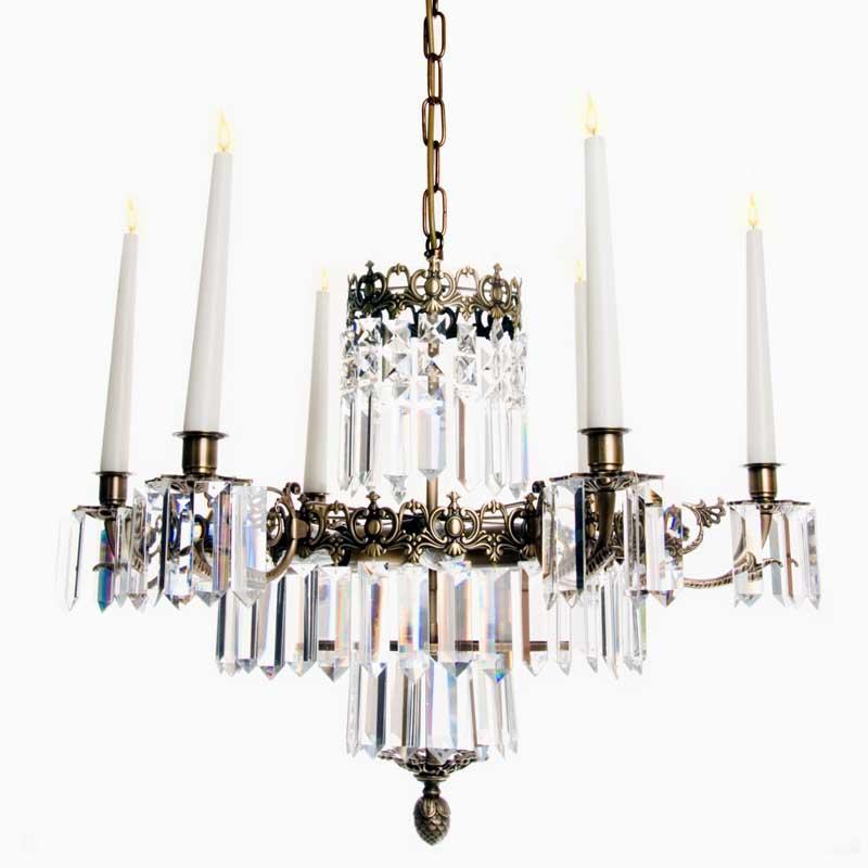 Swedish Chandelier - Dark Brass 6 Arm Chandelier With Full Cut X Prisms