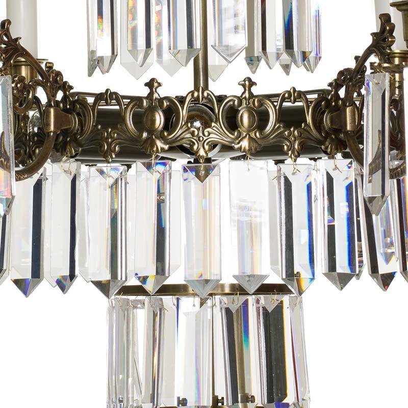 Swedish Chandelier - Dark Brass 6 Arm Chandelier With Full Cut X Prisms - 76cm Height
