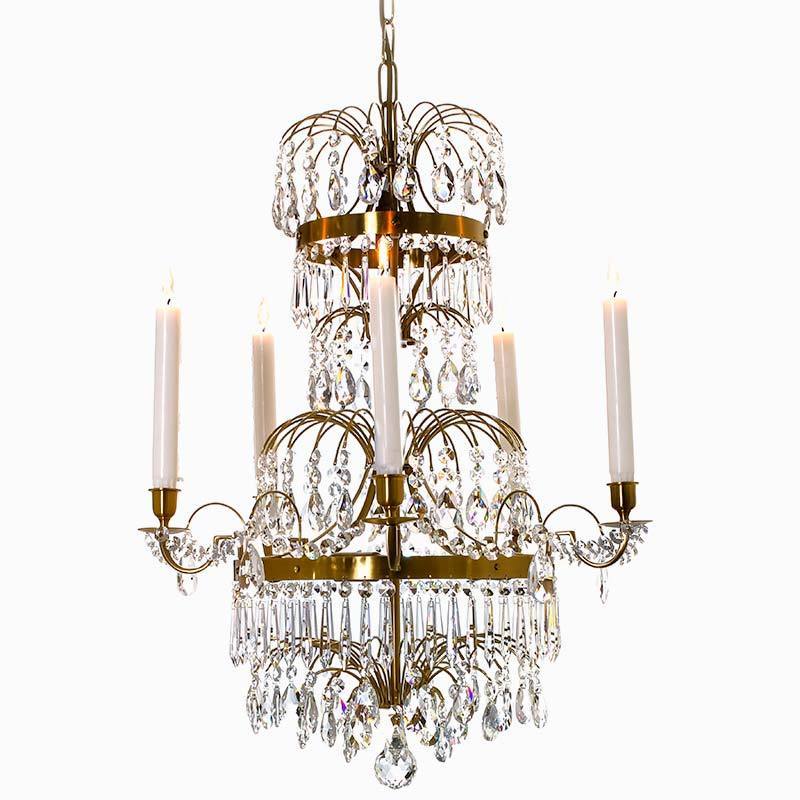 Swedish Chandelier - Light Brass 5 Arm Chandelier With Almond Crystals