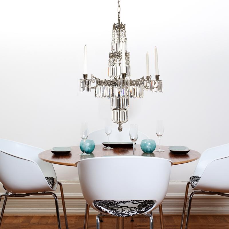 Swedish Chandelier - Nickel 6 Arm Chandelier With Full Cut X Prisms