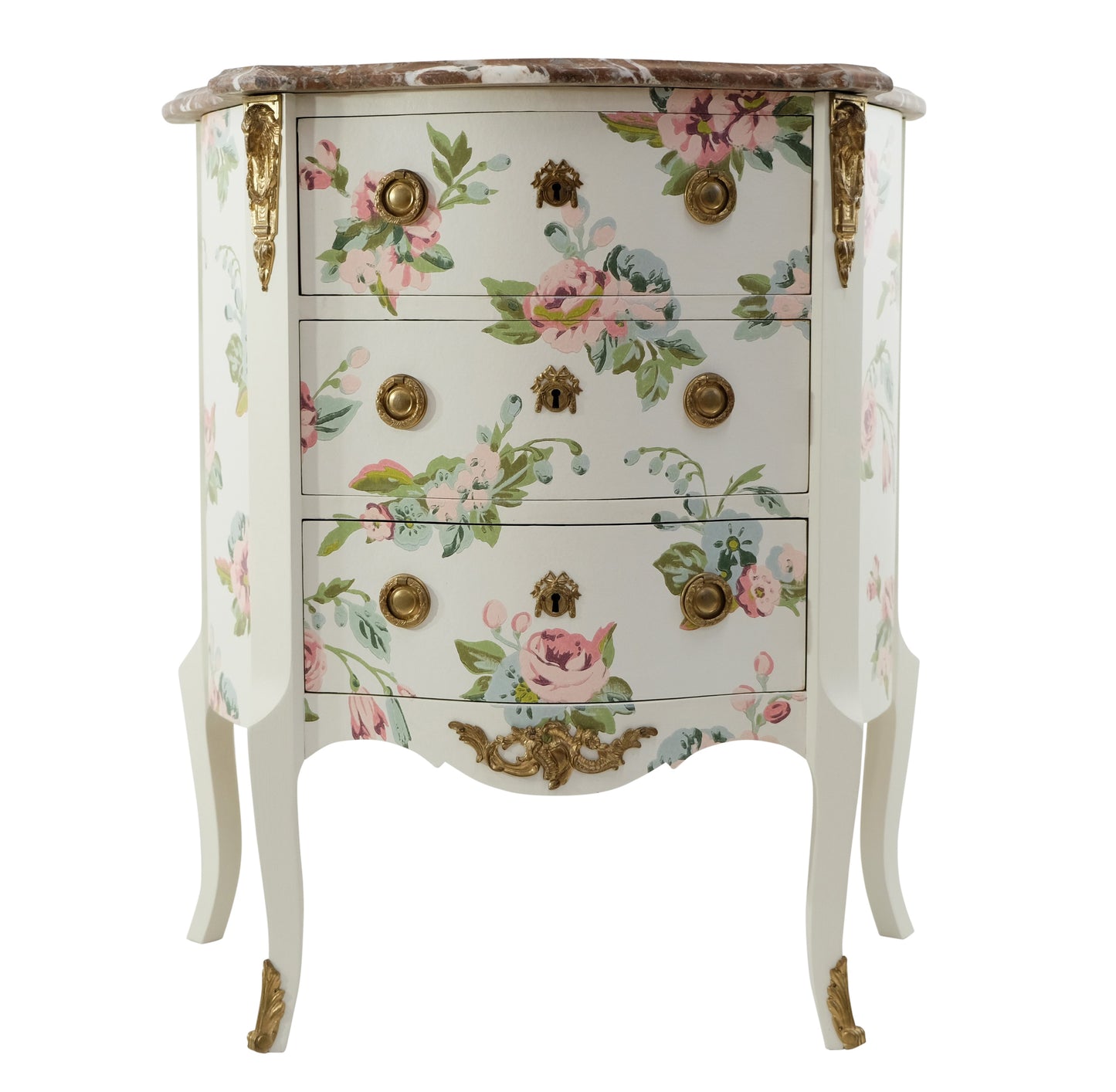 Louis XV Style Chest Three Drawer Chest with Floral Design and Natural Marble Top