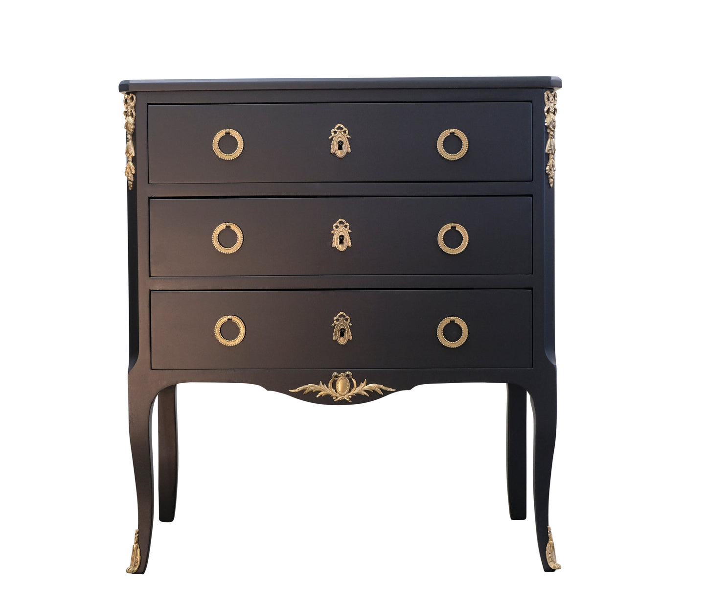 Louis XV Style Chest in Black with Fine Brass Fittings and a Marble Top