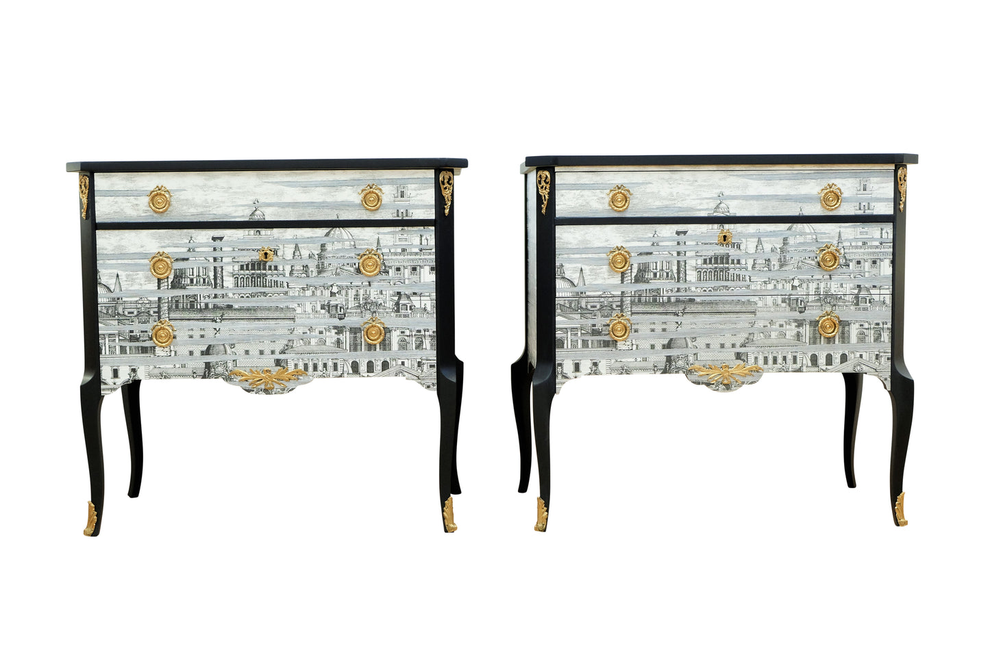 Pair Fornasetti Design Nightstands with Marble Top
