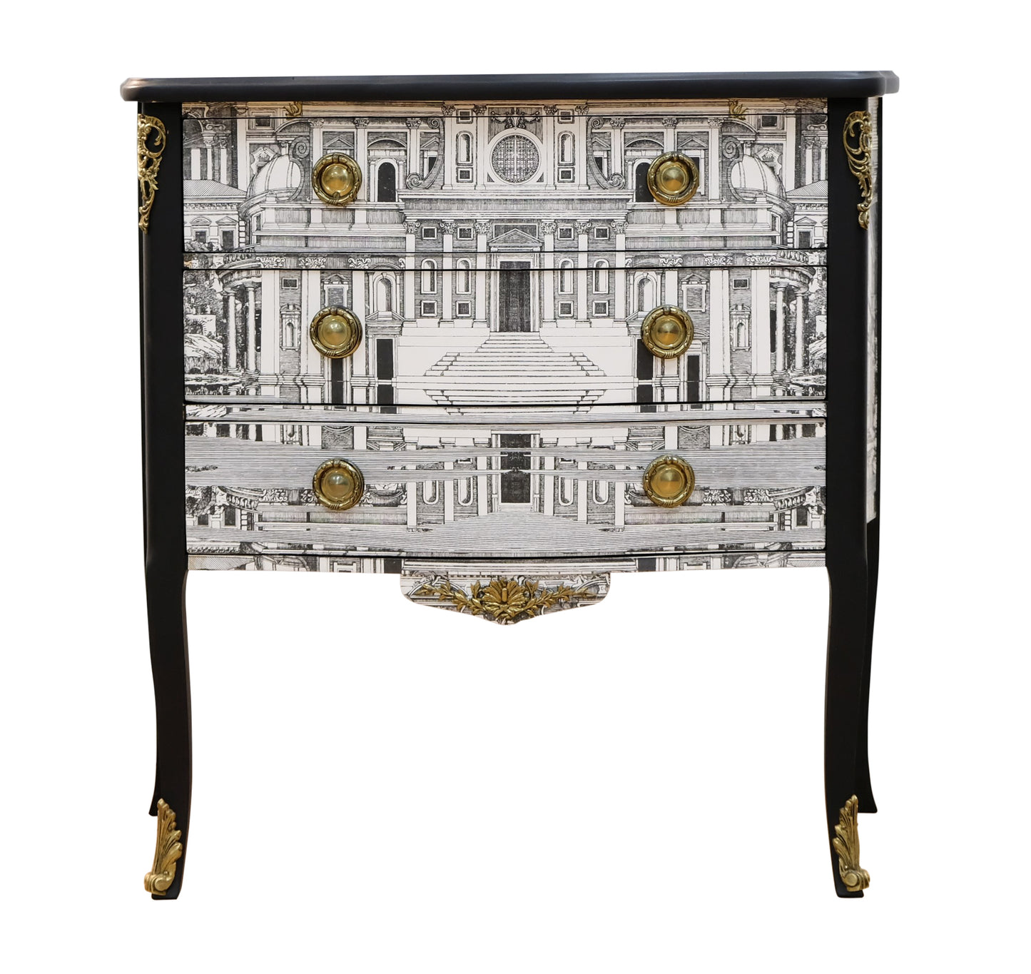 Louis XV Style Chest with Fornasetti Pattern of Ancient Rome and Black Marble Top