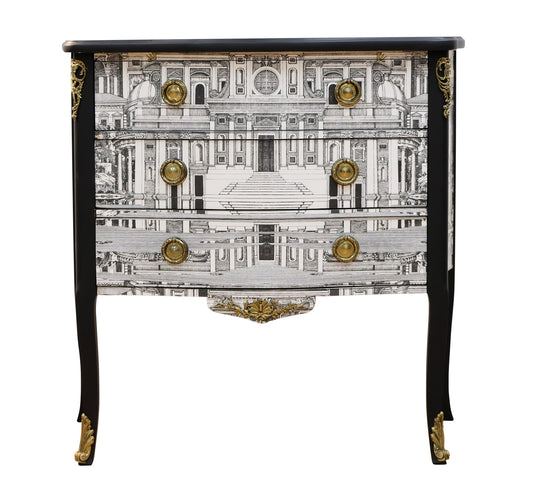 Louis XV Style Chest with Fornasetti Pattern of Ancient Rome and Black Marble Top