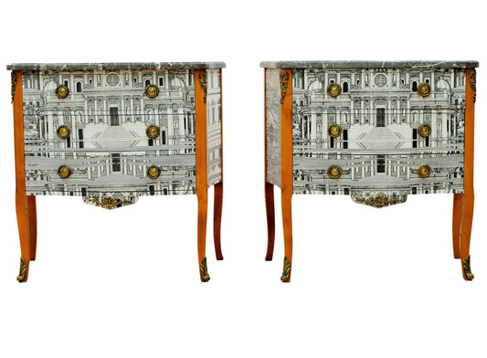 Pair of Louis XV Style Chest with Fornasetti Pattern of Ancient Rome and Grey Marble Top