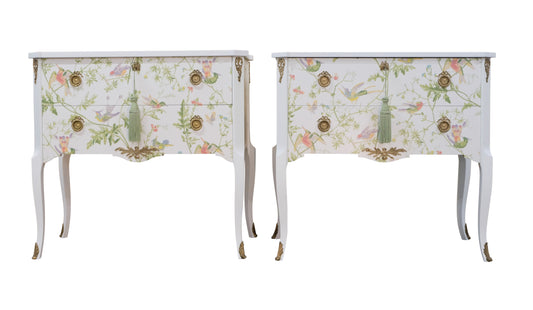 Pair of Louis XV Style Chest with Floral Design and Marble Top