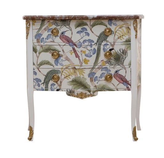 Louis XV style 3 drawer chest with exotic birds design and natural marble top