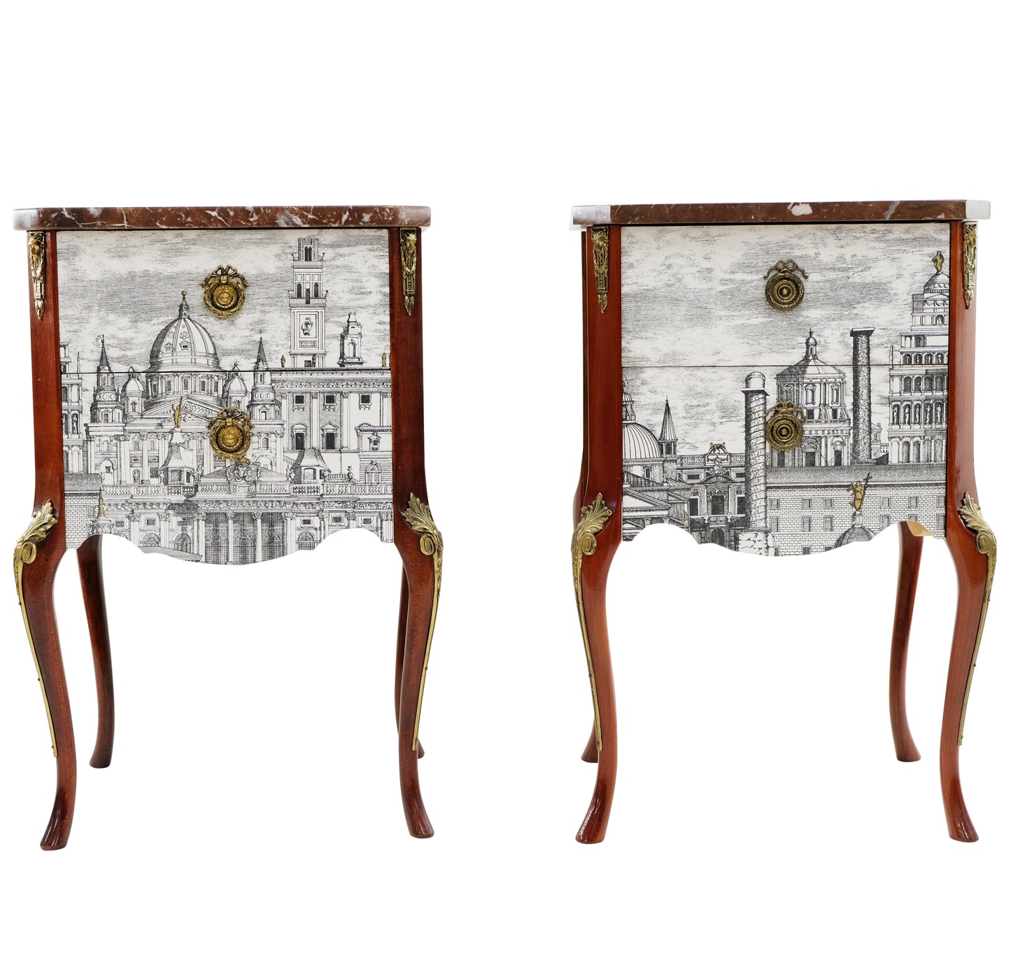Pair Fornasetti Design Nightstands with Marble Top