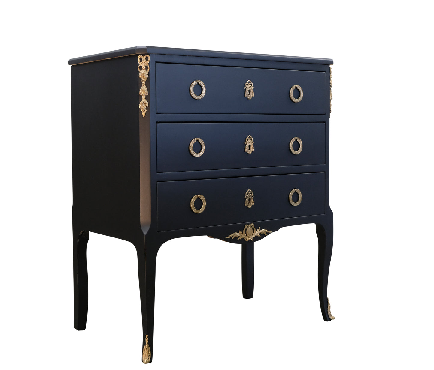 Louis XV Style Chest in Black with Fine Brass Fittings and a Marble Top