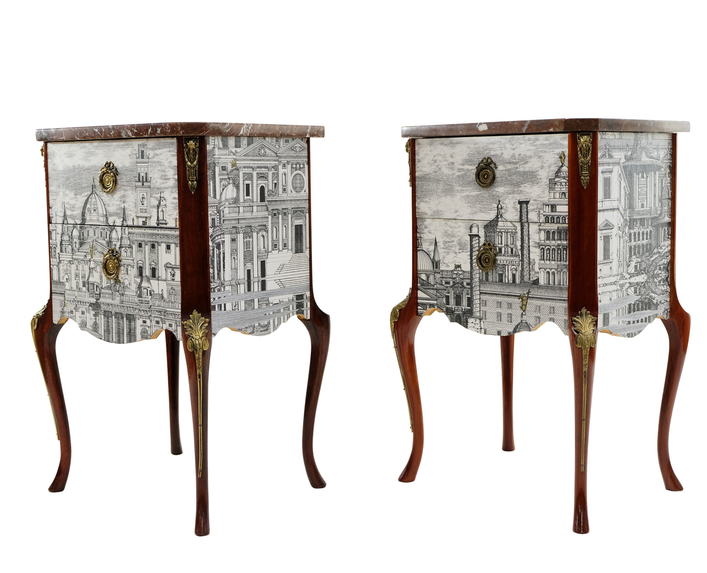 Pair Fornasetti Design Nightstands with Marble Top