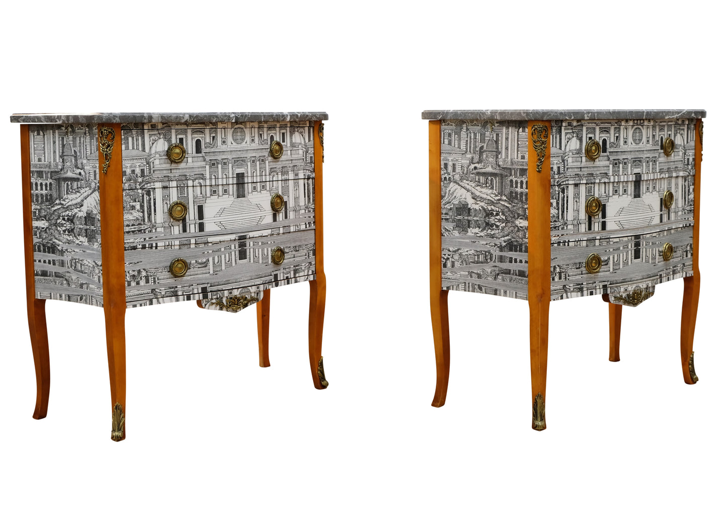 Pair of Louis XV Style Chest with Fornasetti Pattern of Ancient Rome and Grey Marble Top