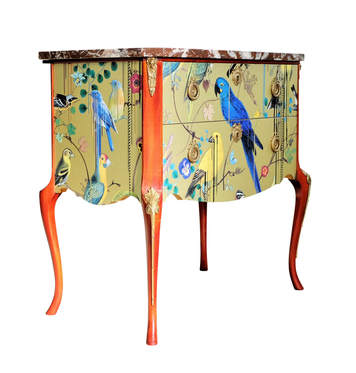 Louis XV Style Chest with Gold Birds Design and Marble Top