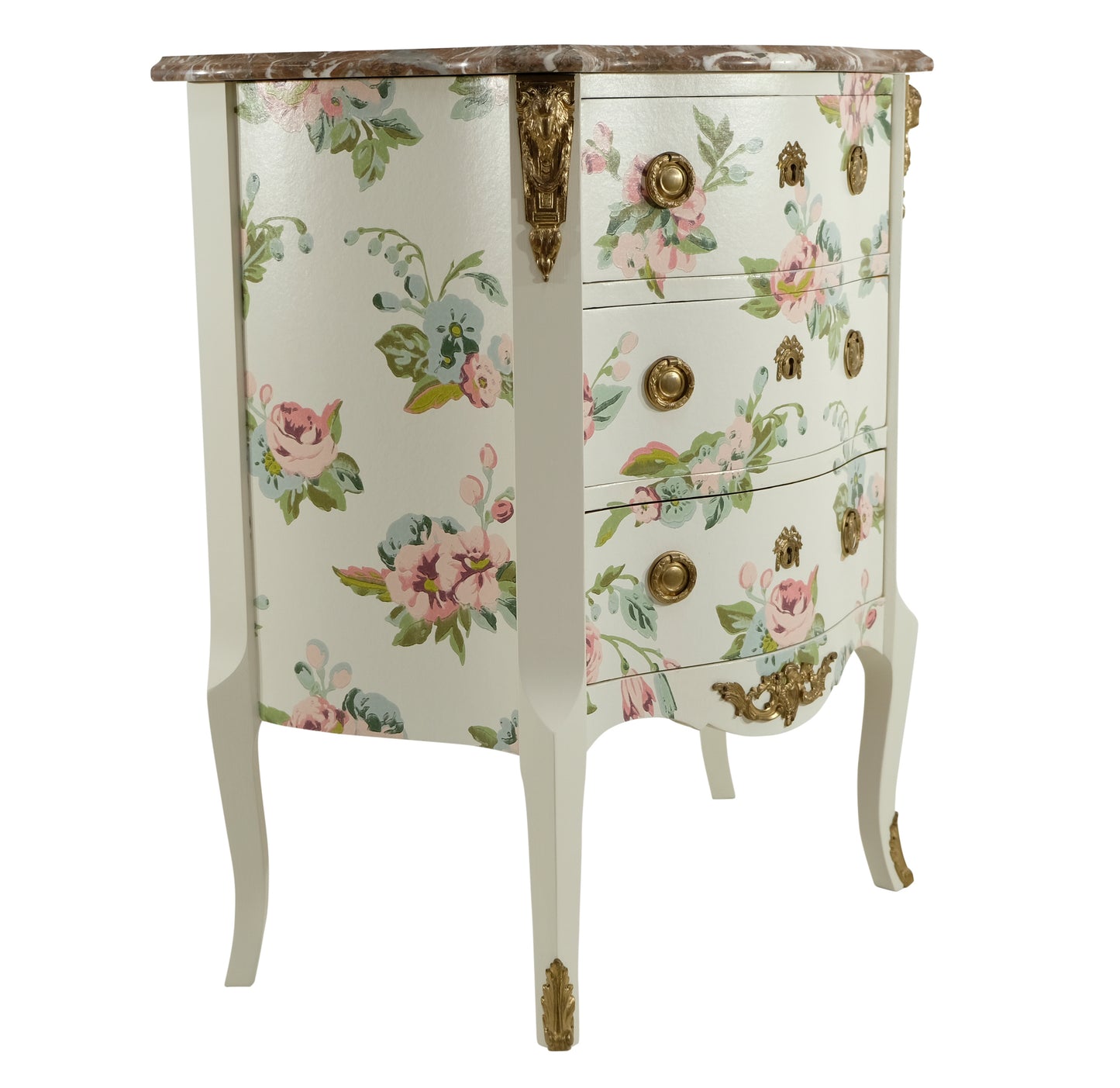 Louis XV Style Chest Three Drawer Chest with Floral Design and Natural Marble Top