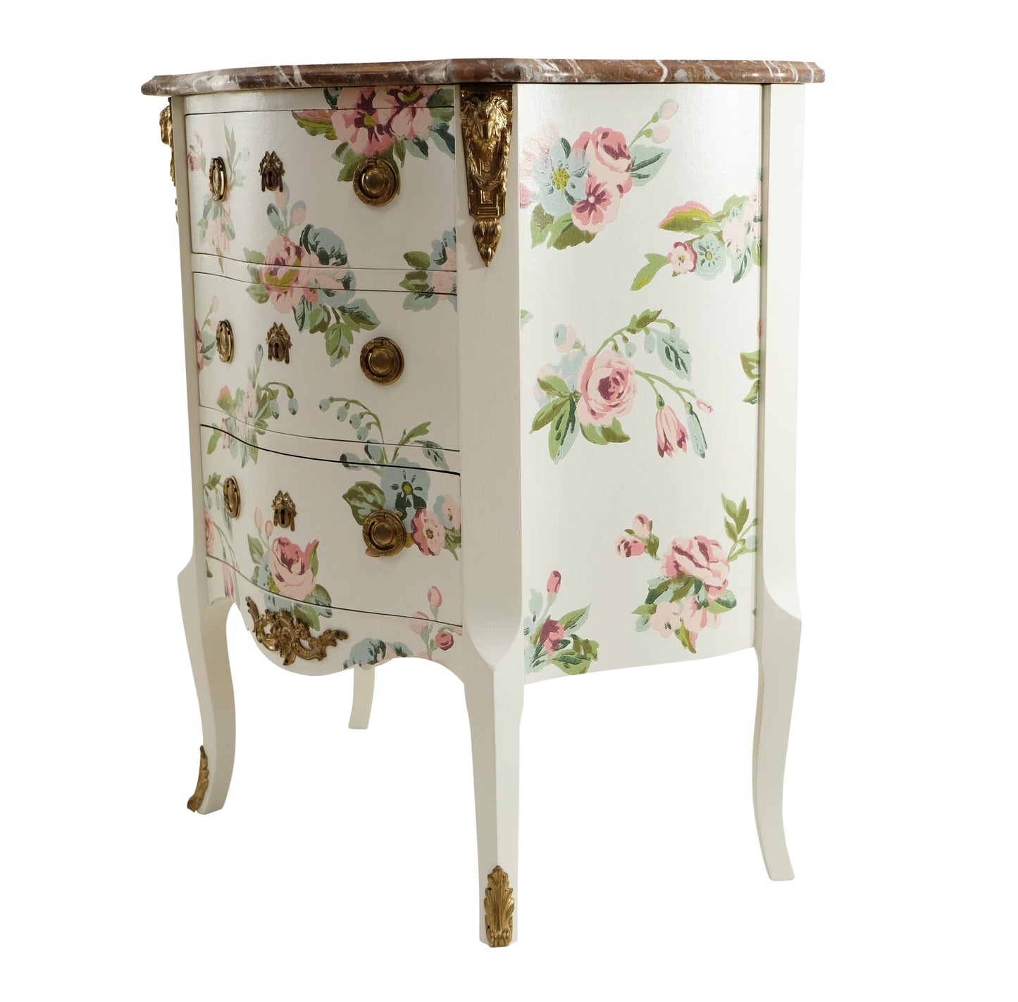 Louis XV Style Chest Three Drawer Chest with Floral Design and Natural Marble Top