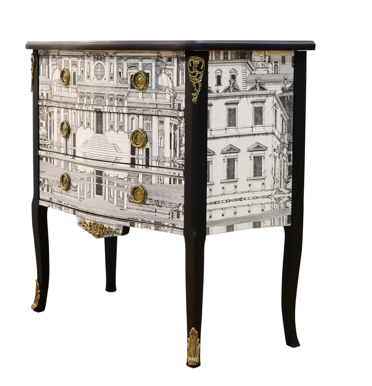 Louis XV Style Chest with Fornasetti Pattern of Ancient Rome and Black Marble Top