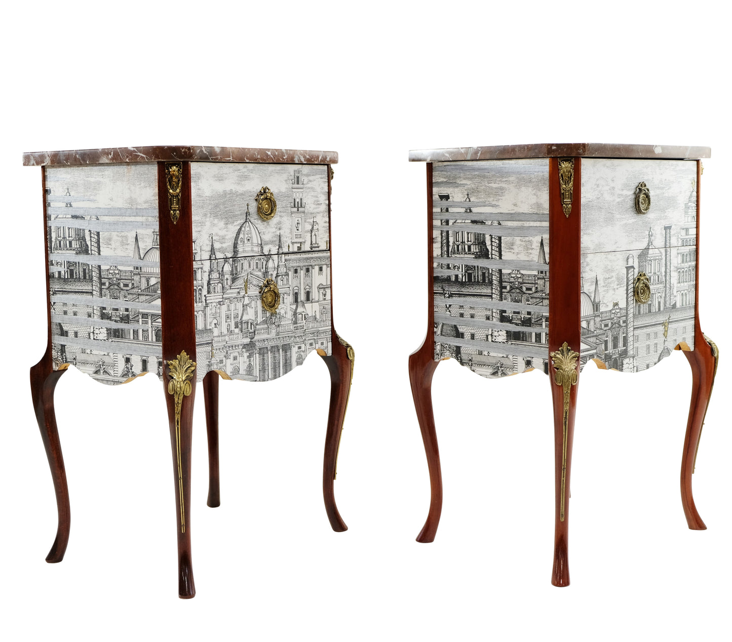 Pair Fornasetti Design Nightstands with Marble Top