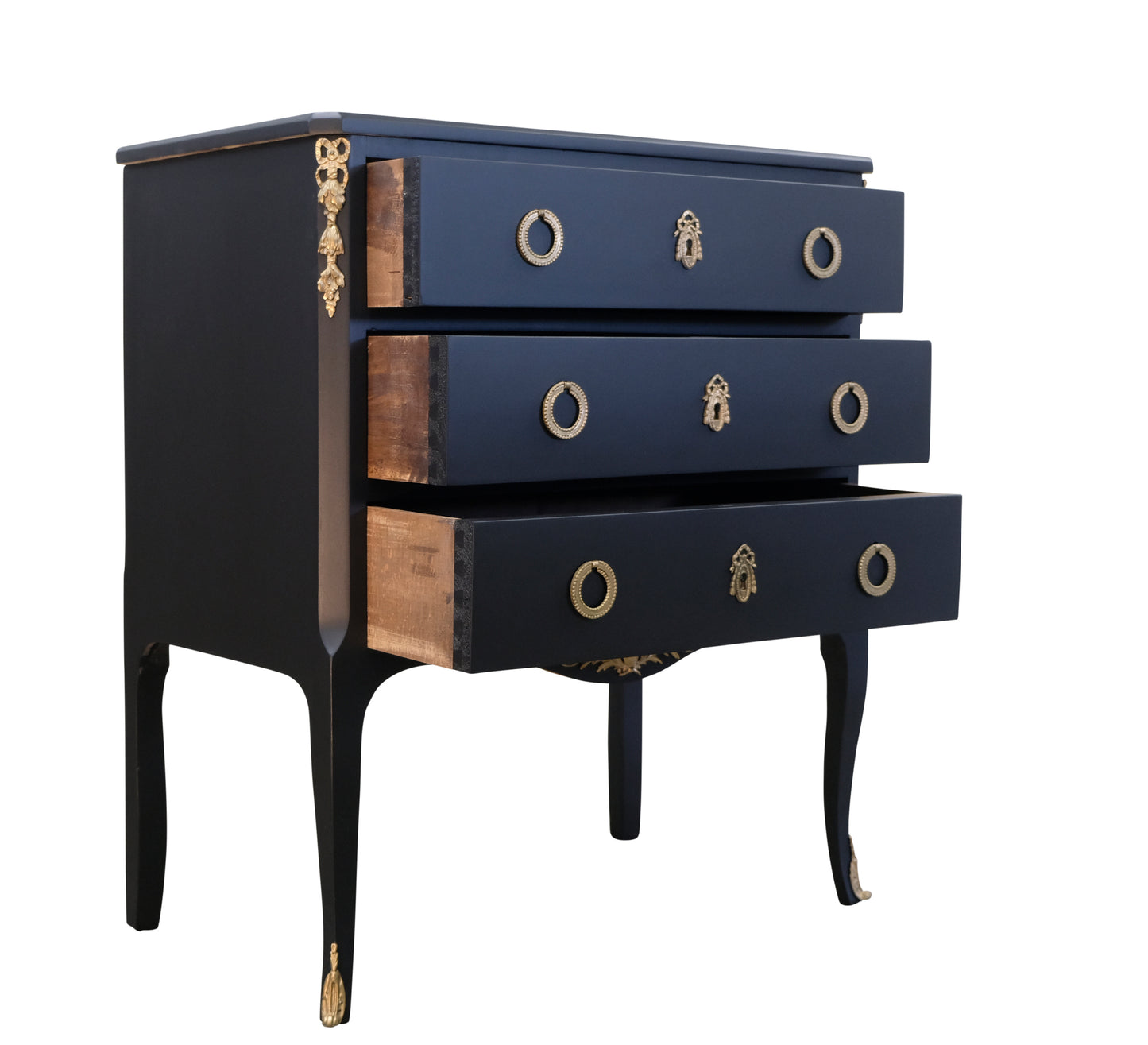 Louis XV Style Chest in Black with Fine Brass Fittings and a Marble Top